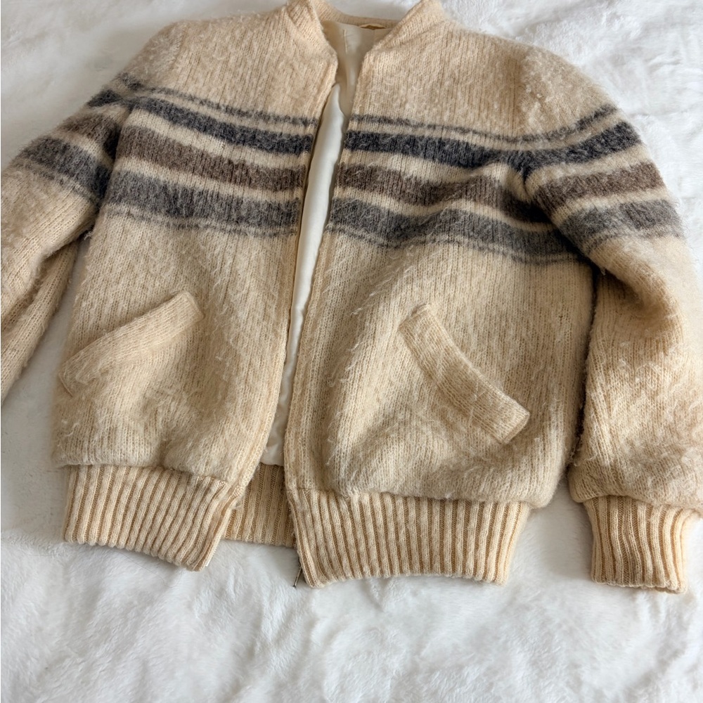 Source Unknown Cream Bomber Jacket with Brown & Gray Stripes